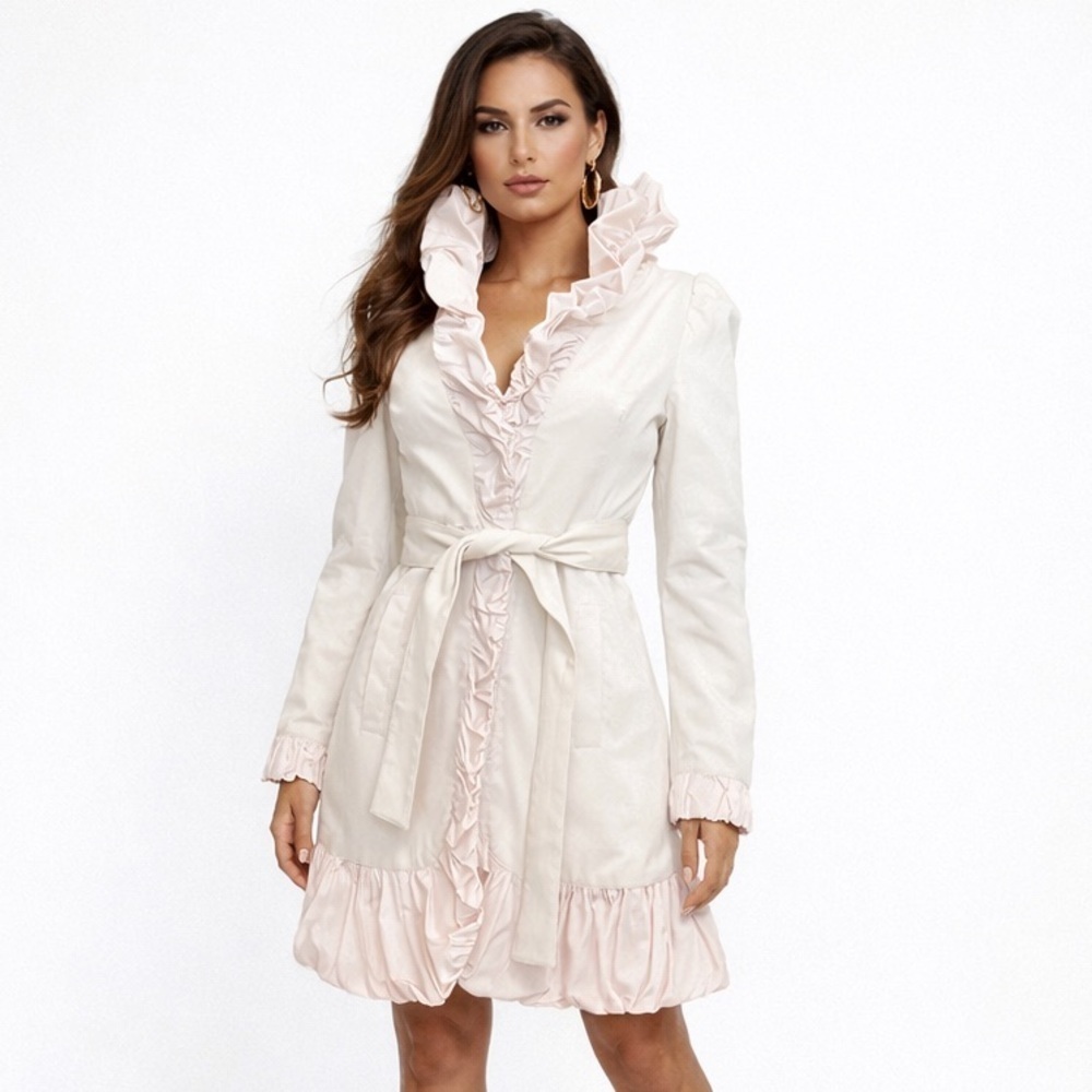 bebe Ivory Ruffle Trench Coat Size Small Belted Statement